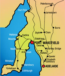 A map of South Australia showing Port Wakefield and Adelaide